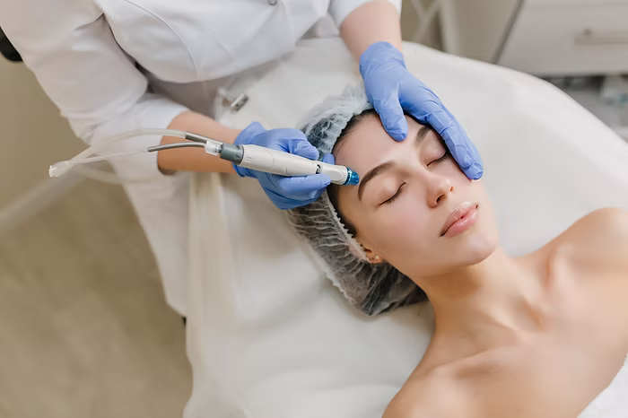 woman lying down with closed eyes getting hydrofacial treatment